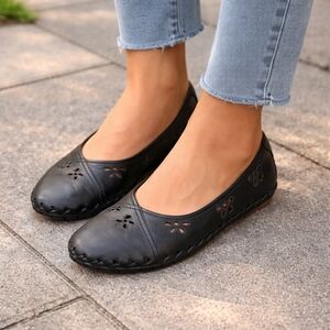 Volks Walkers Black Leather Comfort Flats | Floral Cutout Slip-On Shoes